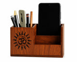 Wooden Desk Organizer with Om Design | Pen Holder & Mobile Stand