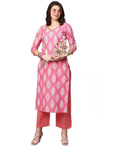 Gosriki Women'S Cotton Blend Traditional Straight Printed Kurta And Pant Set (Natak Pink_M-Gs_Pink_Medium),Pink,,B0BNXMBLS6
