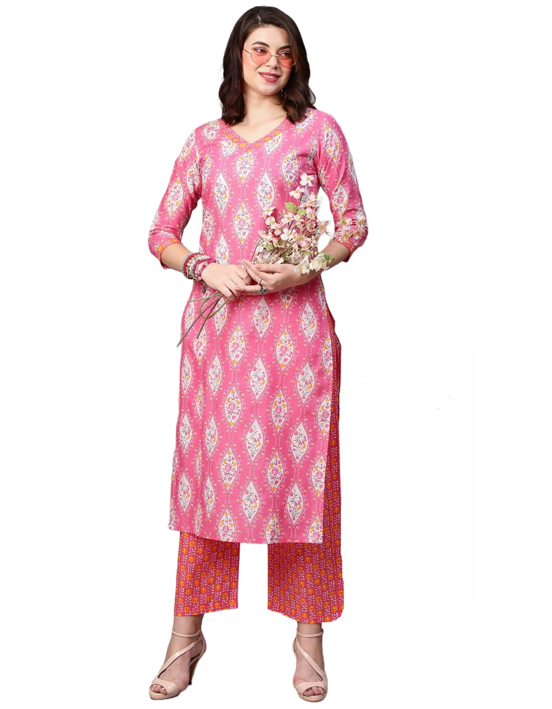 Anni Designer Women'S Cotton Blend Traditional Straight Printed Kurta With Pant Set (Natak Pink-Fbf001_M_Pink_Medium),Pink Light,M