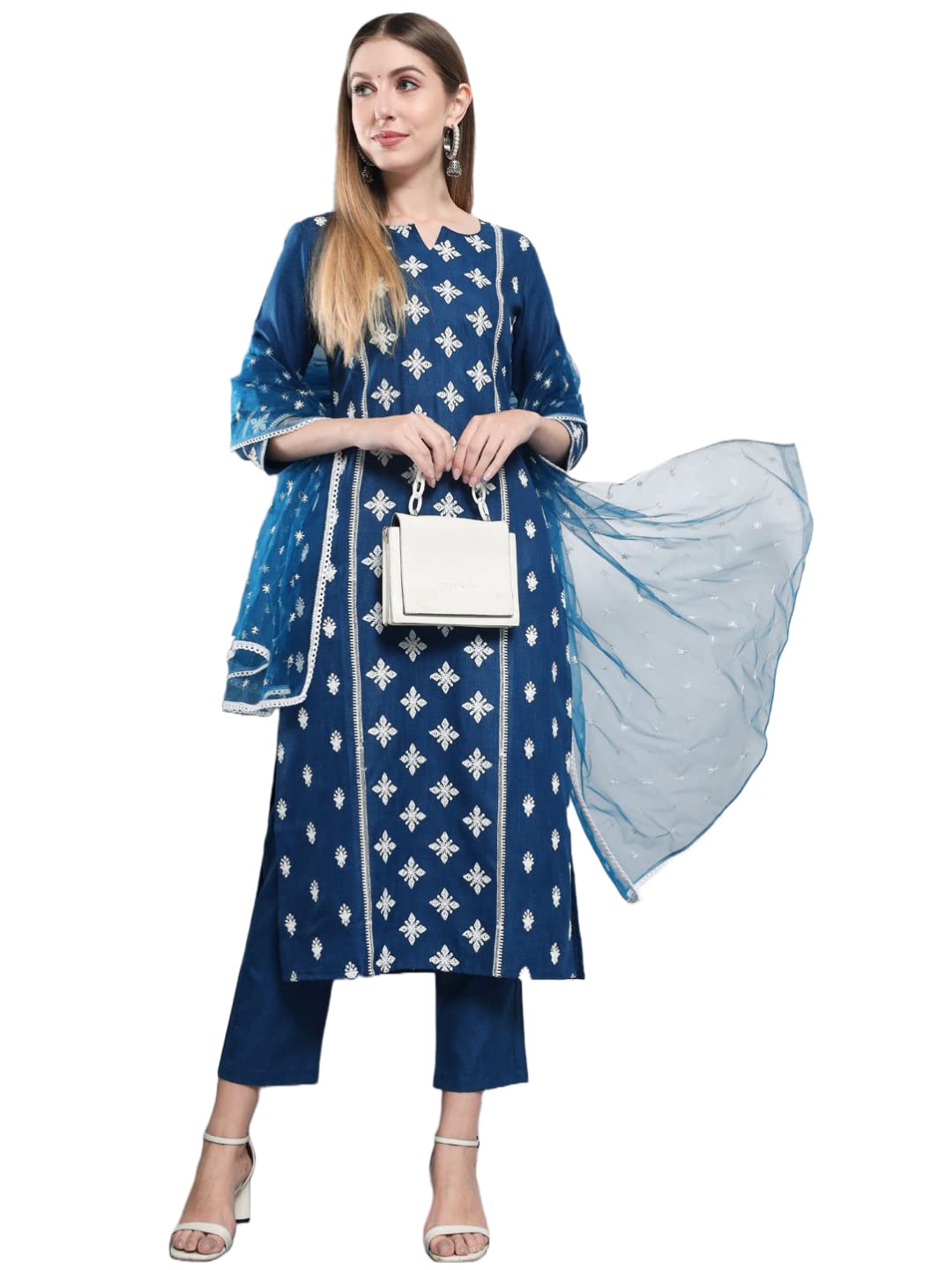 Anni Designer Women'S Cotton Blend Embroidered Straight Kurta With Pants & Dupatta (Kurupam-Cersoin_L_Dark Blue_Large),Dark Blue,L,,,