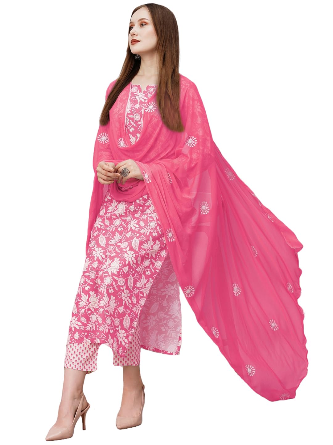 Anni Designer Women'S Cotton Blend Straight Printed Kurta With Pant & Dupatta (Mei Pink_M_Pink_Medium),Pink,M