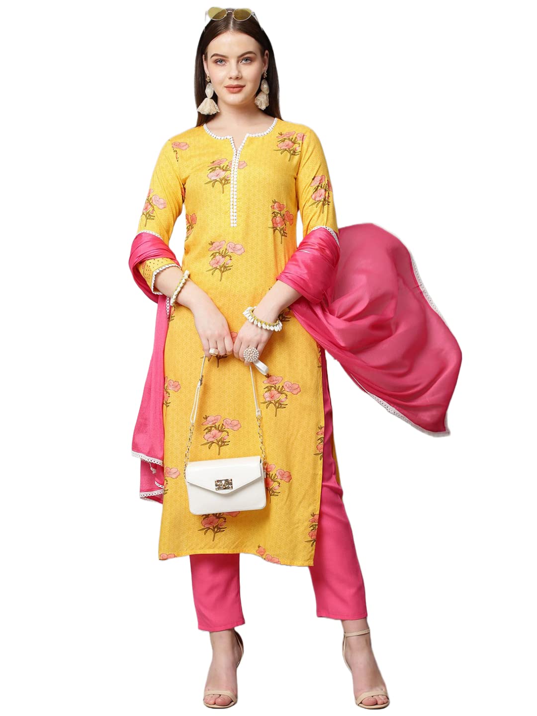Anni Designer Women'S Cotton Blend Floral Printed Straight Kurta With Pant & With Dupatta (Amd 29-Yellow_S_Yellow_Small),Yellow,S