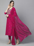 Gosriki Women'S Cotton Blend Embroidered Straight Kurta With Pant & Dupatta (Kasturi Pink-Al-Gs_L_Pink_Large),Pink,,B0D295MMF1