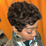 HOTKIS Short Curly Human Hair Wigs for Black Women Pixie Cut Wig Human Hair Short Brown Natural Hair Curly Pixie Wigs Glueless S