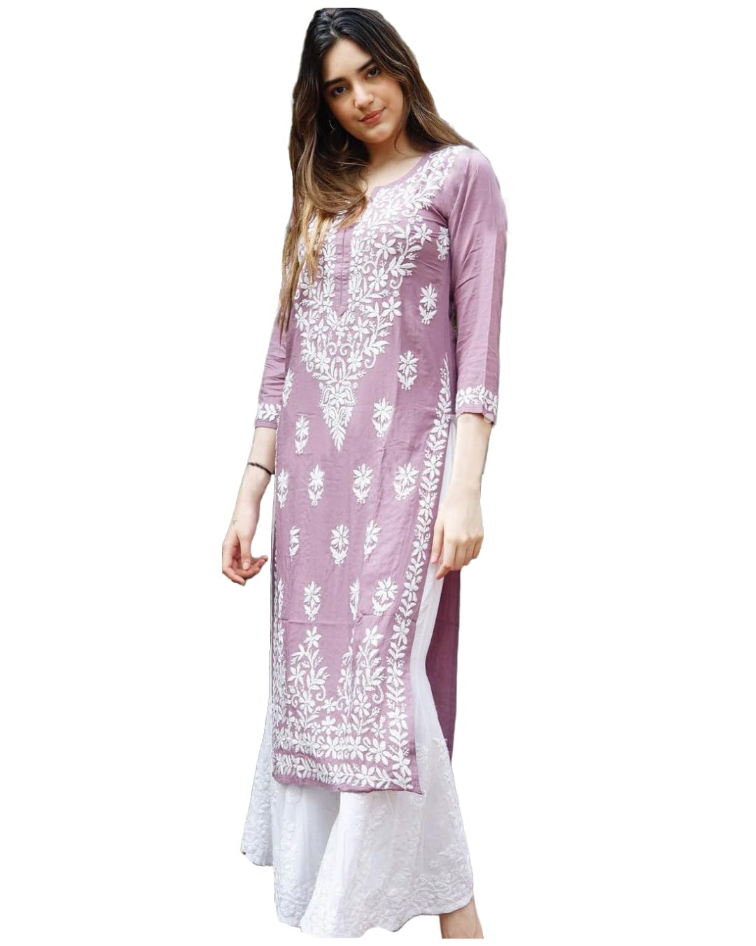 Anni Designer Women'S Cotton Blend Straight Chikankari Embroidered Kurta (Victoria Purple_Xl_Purple_X-Large),Purple,XL