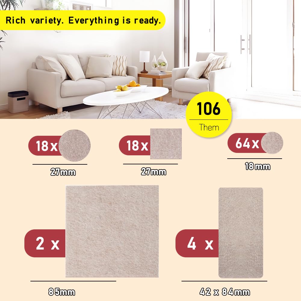 Felt Pads 106 PCS Beige, Felt Furniture Pads Premium Furniture Pads,Felt Furniture Pads for Protecting Hardwood Floors, Assorted