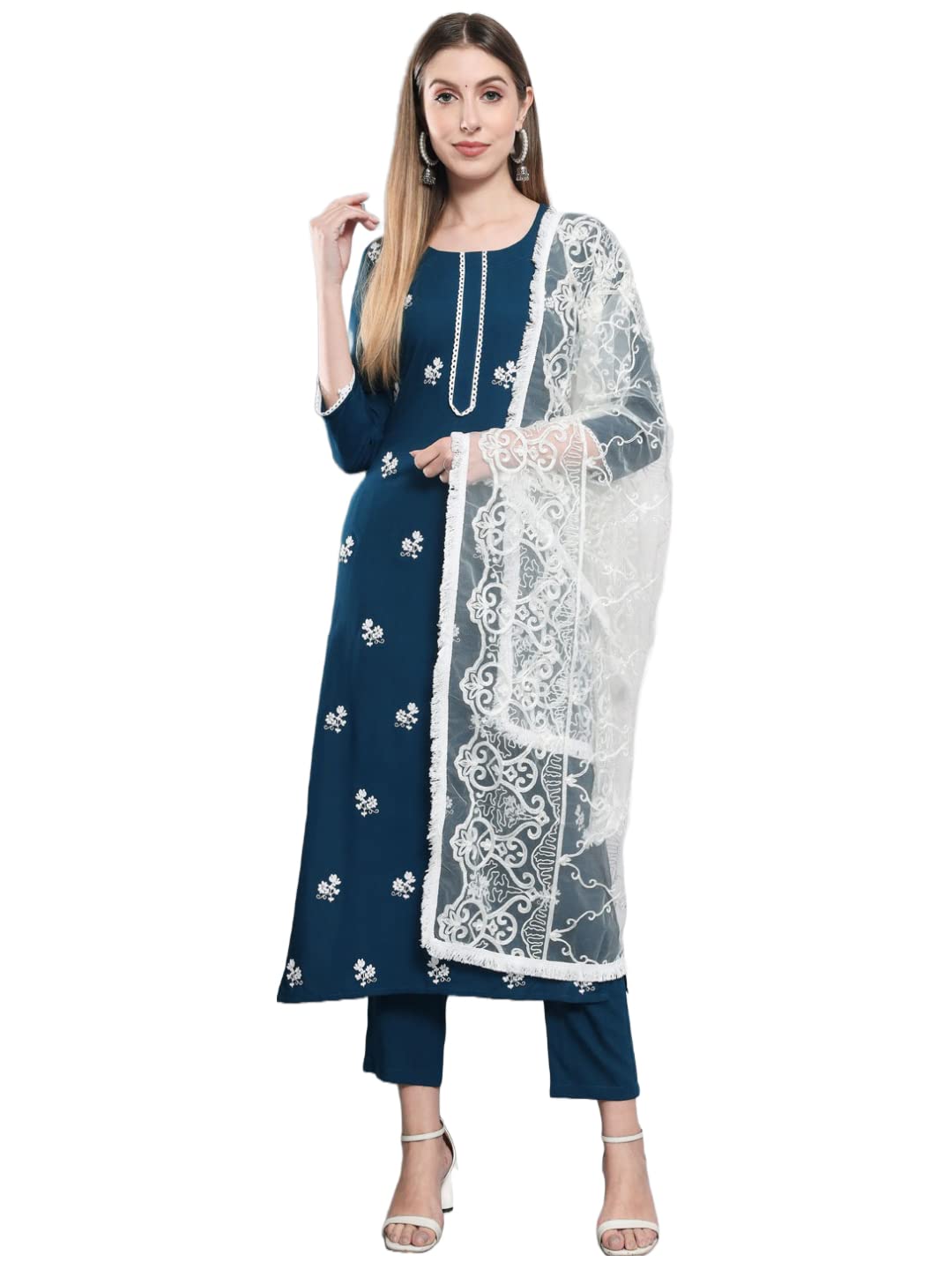 Anni Designer Women'S Cotton Blend Embroidered Straight Kurta With Pants & Dupatta (Asana-Cersoin_L_Dark Blue_Large),Dark Blue,L