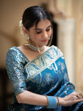 Flosive Women'S Kanjivaram Silk Saree With Weaving Work Gold Zari With Blouse Piece (Teal Blue)
