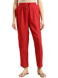 rangita Women Rayon Red Solid Ankle Length Straight Pant, L