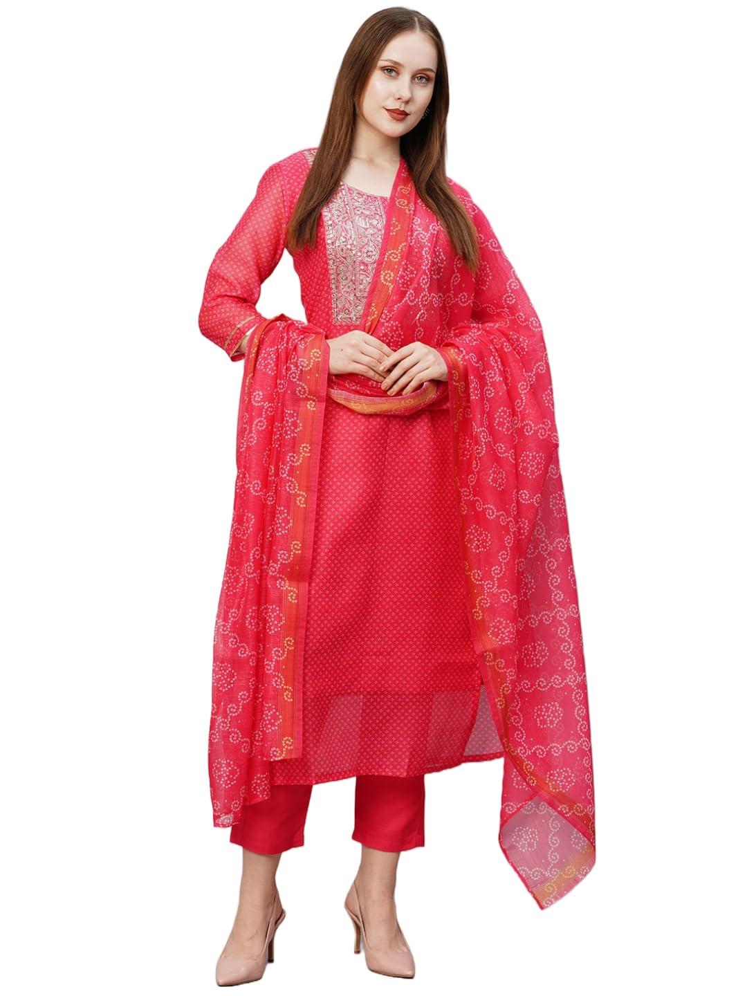 Gosriki Women'S Cotton Blend Straight Printed & Embroidered Kurta With Pant & Dupatta (Radha Rani-Nw-Gs_Xxl_Pink_Xx-Large),Pink,2,B0CDCLW994