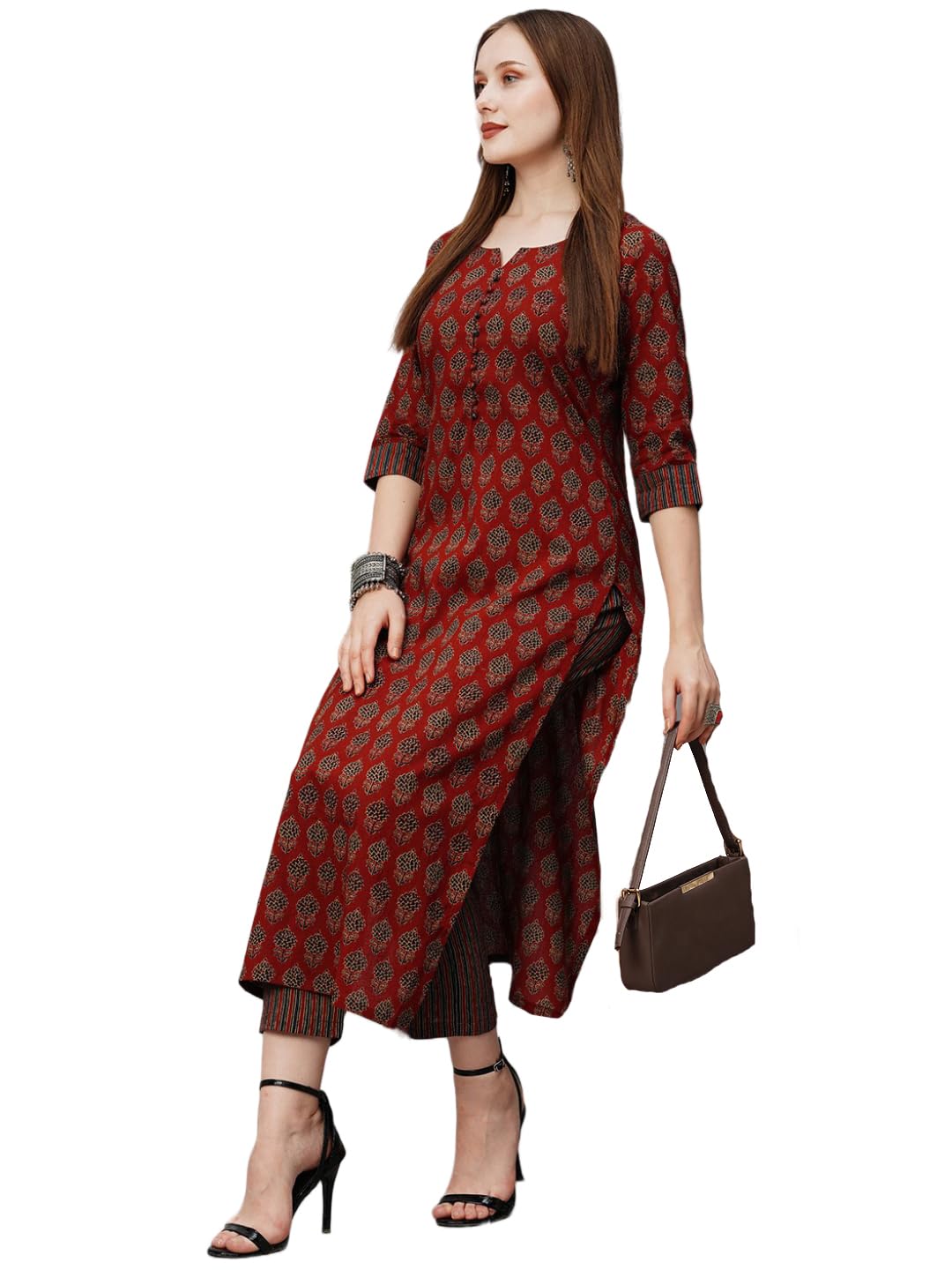 Gosriki Women'S Cotton Blend Printed Straight Kurta With Pant (Nita Maroon-Gs_L_Maroon_Large),Maroon,,B0CBPQ259Y