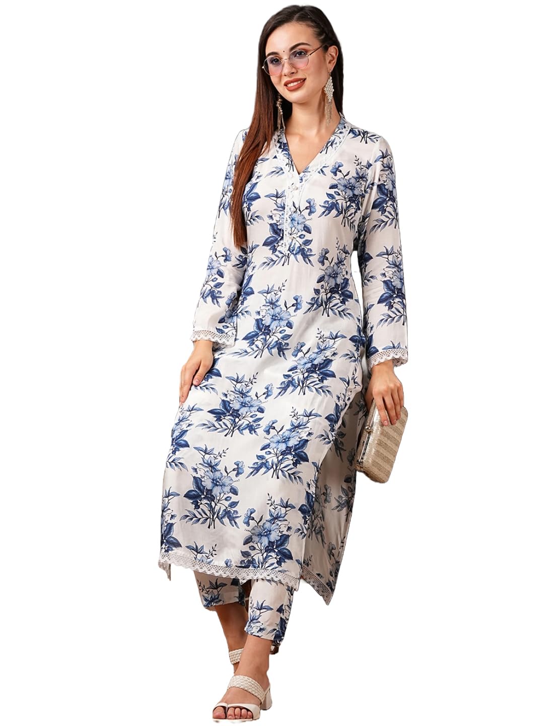 Gosriki Women'S Cotton Blend Straight Printed Kurta With Pant (Pivar White-Gs_M_White_Medium),White,,B0D57BNF7T