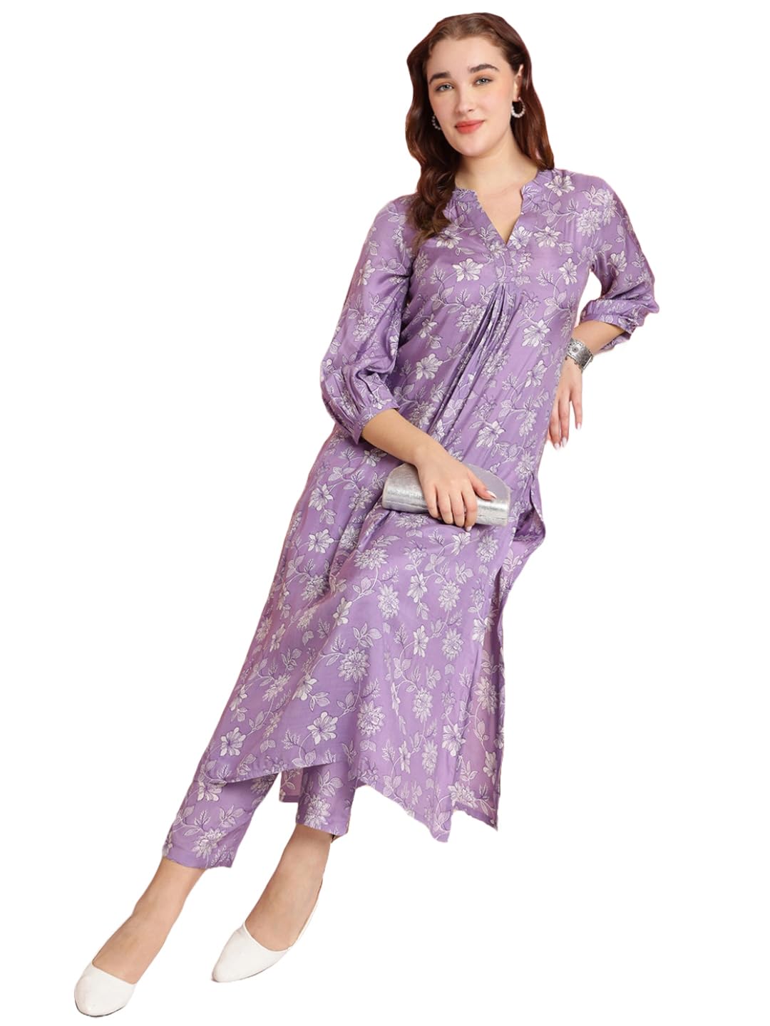 Anni Designer Women'S Rayon Blend Straight Printed Kurta With Pant (Gopibandhu Purple_L_Purple_Large),Purple,L