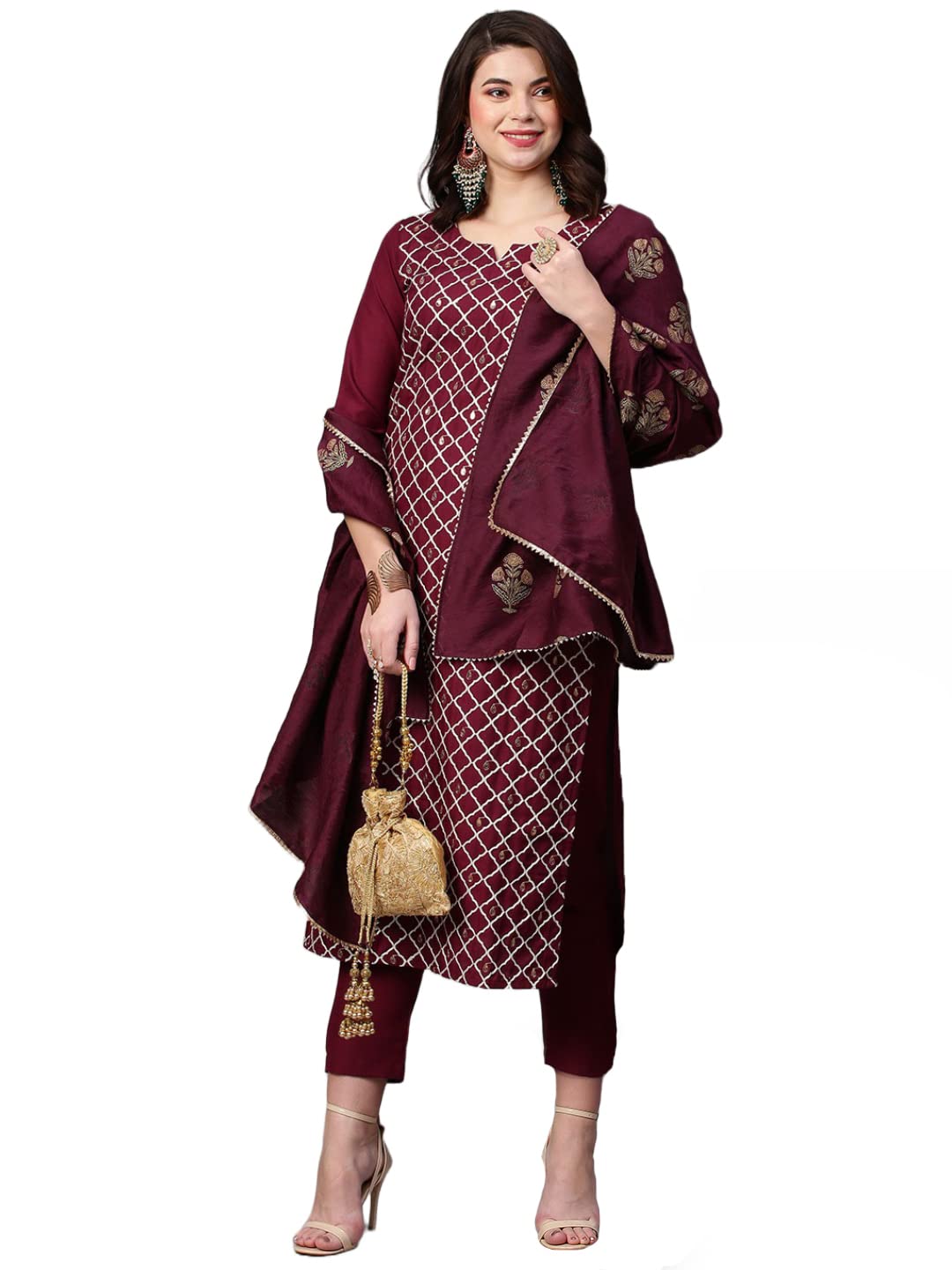 Anni Designer Women'S Cotton Blend Embroidered Straight Kurta With Pant & Dupatta (Mysuru-Wine_Xl_Wine_X-Large),Wine,XL