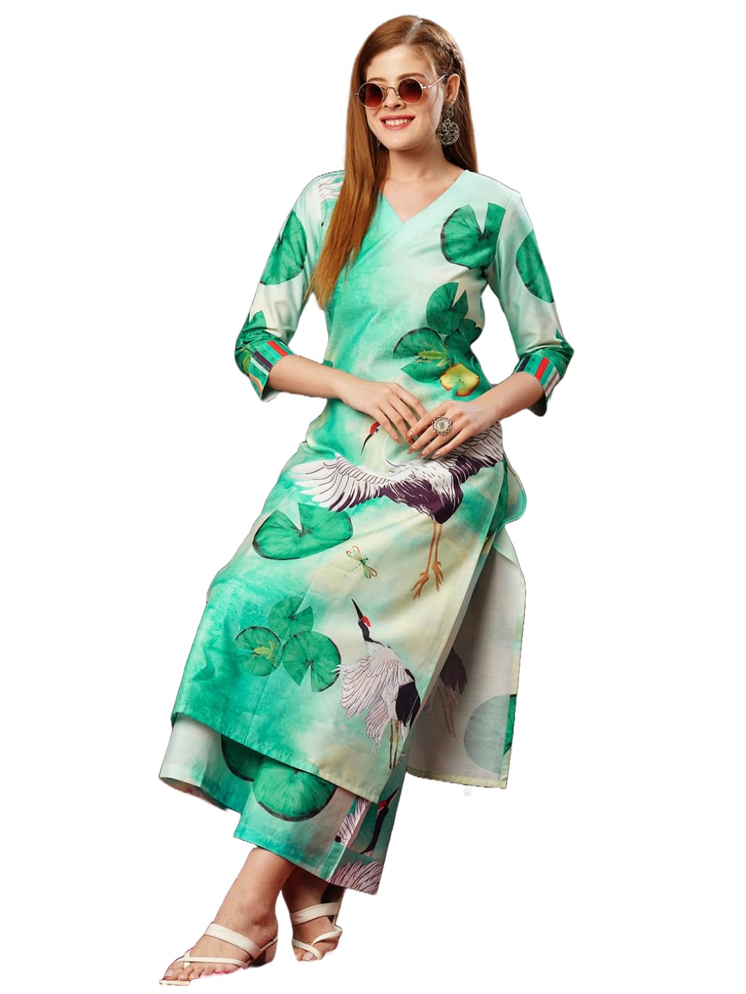 Anni Designer Women'S Cotton Blend Straight Printed Kurta With Palazzo (Swans See Green-Jl_Xxl_See Green_Xx-Large),See Green,2XL