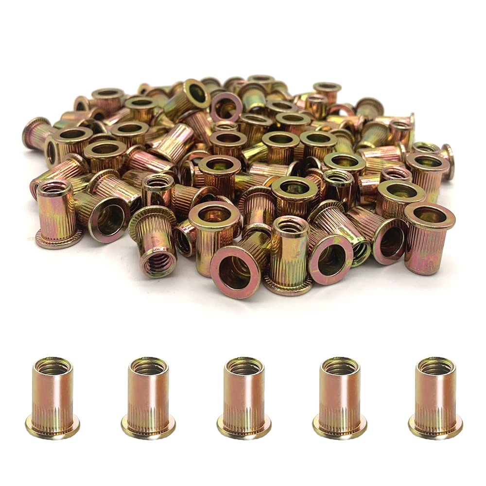 100PCS 1/4-20 Rivet Nuts, Carbon Steel UNC Rivet Nut Set, Flat Head Threaded Rivets Nut Inserts for Metal(1/4-20)