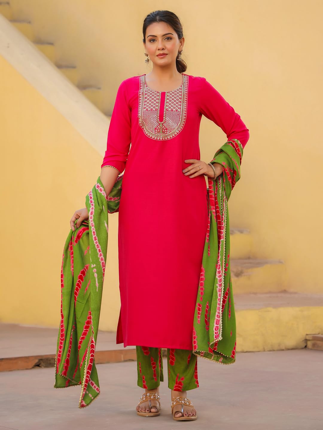 Gosriki Women'S Rayon Blend Embroidered Straight Kurta With Pant & Dupatta (Dhaya Pink-Gs_L_Pink_Large),Pink,,B0CYH424BX