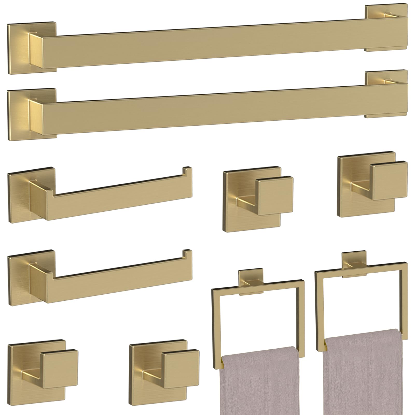 10-Piece Brushed Gold Bathroom Accessories Set - 23.6 Towel Bar, Towel Ring, Toilet Paper Holder & Hooks, Wall Mounted Bathroo