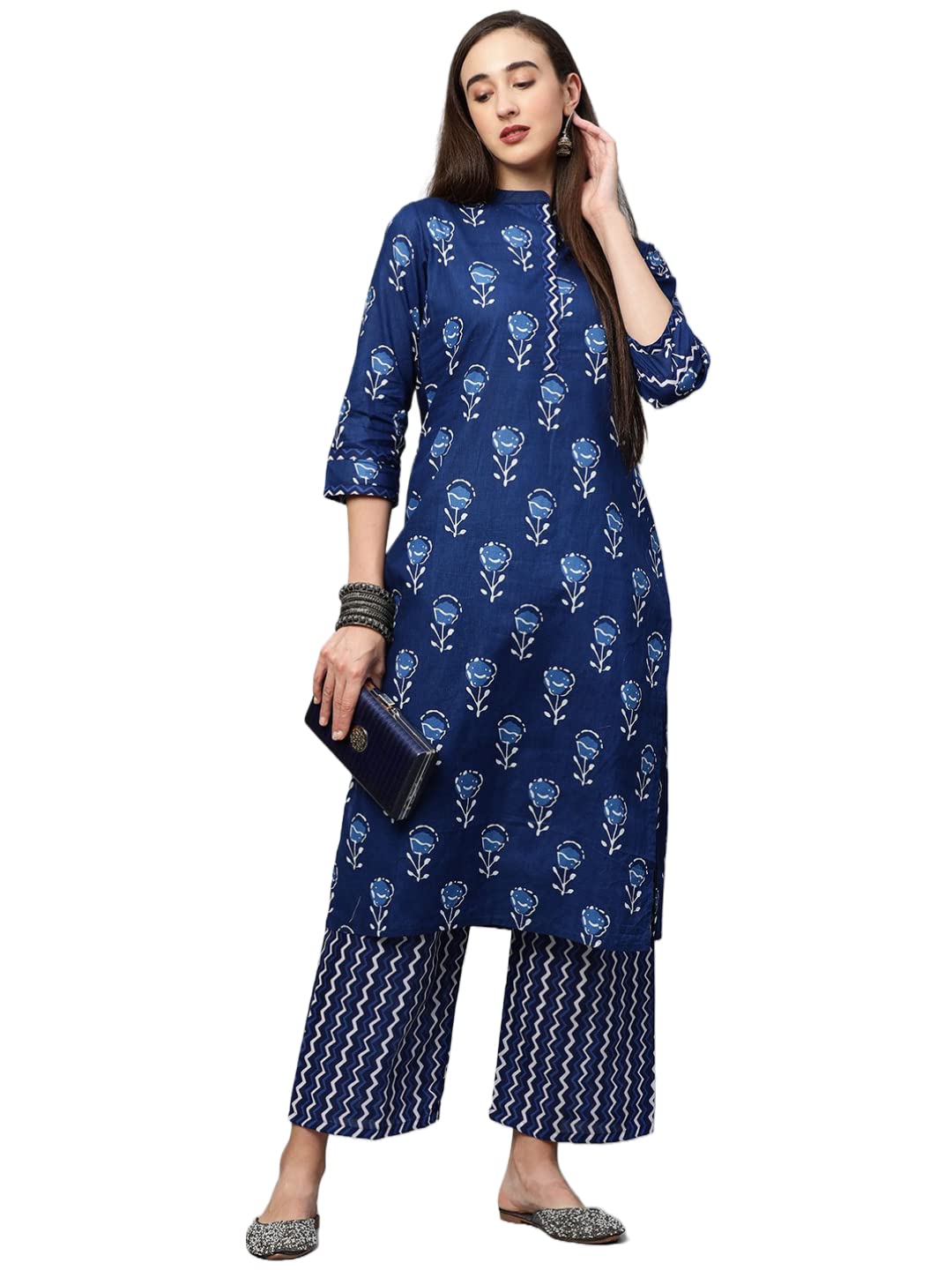 Gosriki Women'S Pure Cotton Flower Print Kurta Plazzo Set (Blue Xl),Blue,,B08W2P8BYS