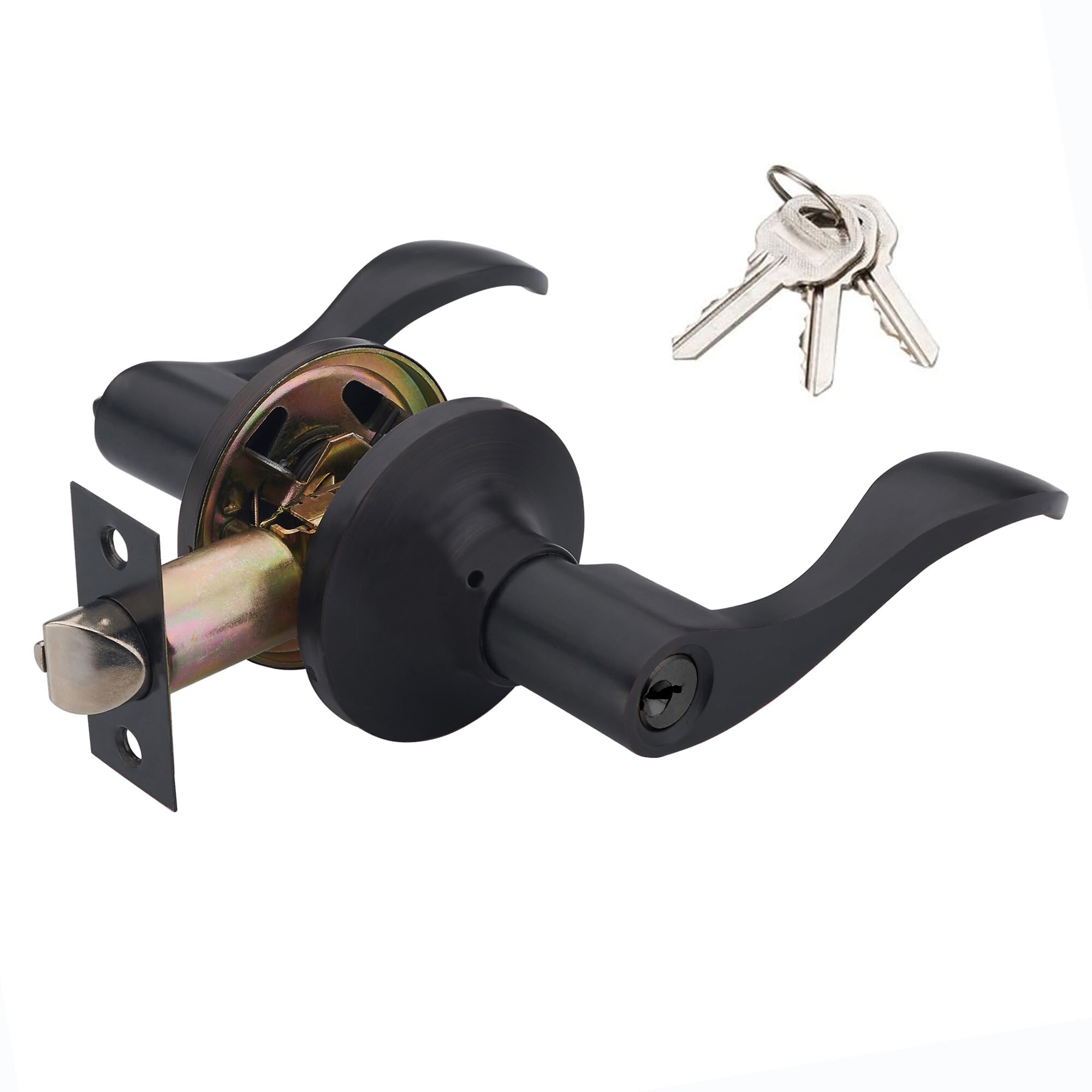 1 Pack of HENYIN Wave Lever Keyed Entry Door Lock/Door Knob Hardware Handle and Closet Lockset, Black Color, with Key,Right Hand
