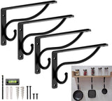 Closet Rod Bracket, 10 Inch - 12 Inch Hook Shelf Brackets Heavy Duty Wall Mounted, Black Closet Rod Support Brackets for Curtain