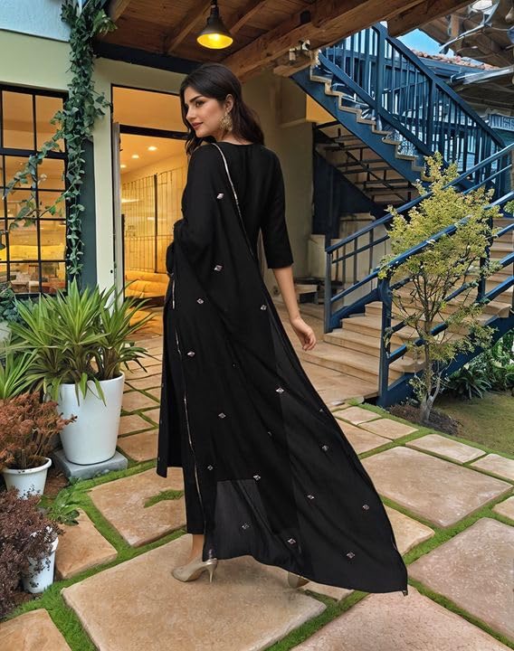 Anni Designer Women'S Rayon Viscose Straight Embroidered Kurta With Pant & Dupatta (Kasturi Black-Vks04_S_Black_Small),Black,S,Rayon Viscose,Regular,