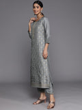 Libas Grey Self Design Silk Blend Straight Kurta With Trousers & Dupatta