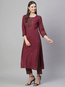 Gosriki Women'S Cotton Blend Straight Printed Kurta With Pant (Parul Maroon-Gs_S_Maroon_Small),Maroon,,B0C7W5YDPM