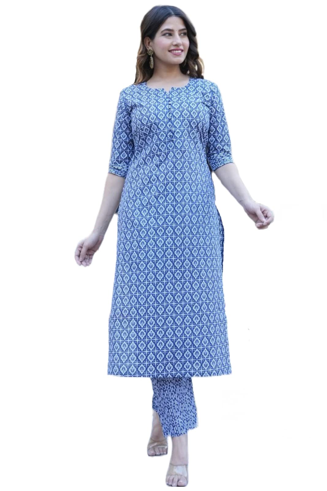 Anni Designer Women'S Cotton Blend Traditional Straight Printed Kurta With Pant Set (Thaya Blue-Jan40_S_Blue_Small),Blue,S