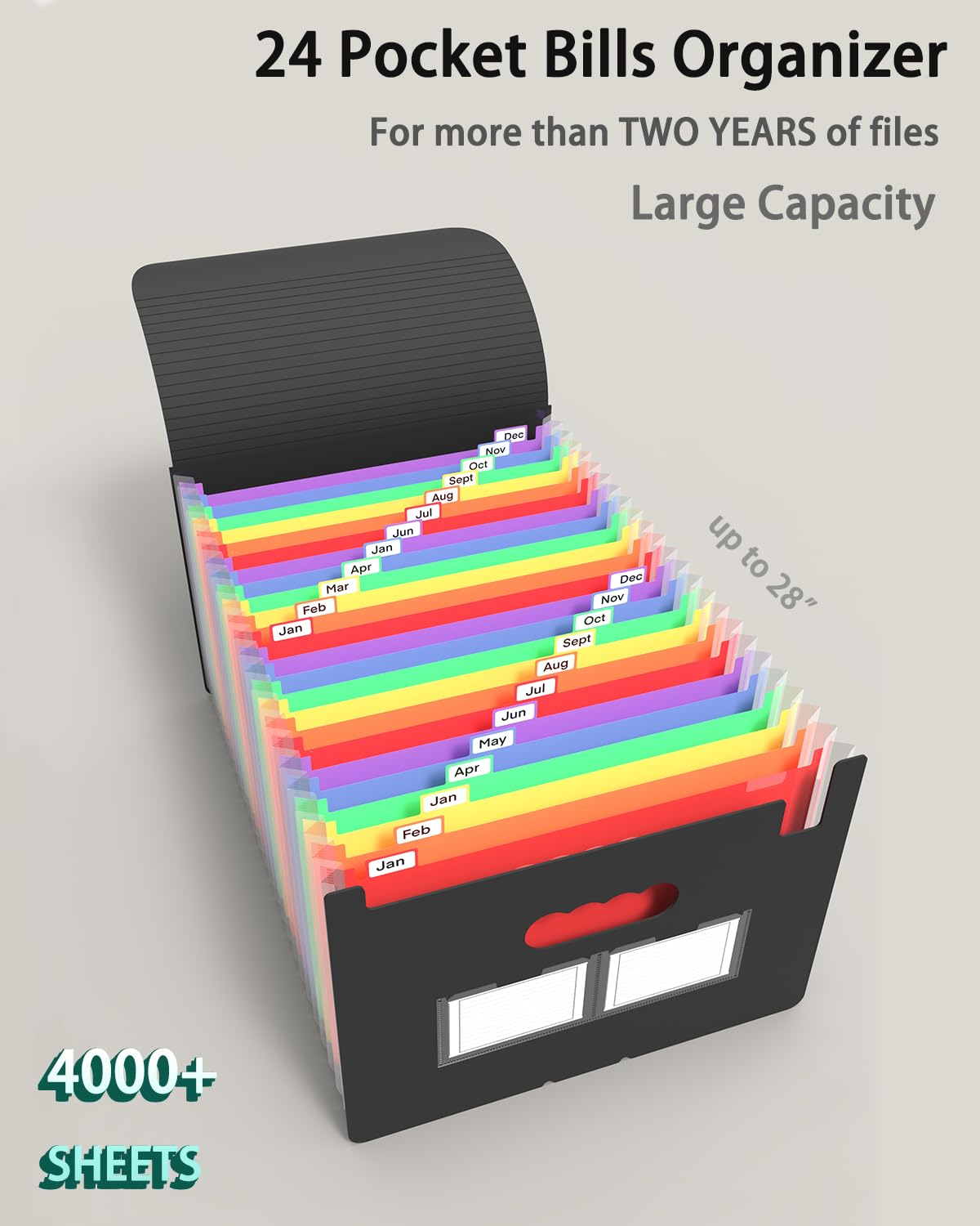 Maimis Expanding File Folder, 24 Pocket Accordion A4 Letter Size Portable Document Organizer with Colored Tabs, Expandable Bill