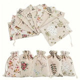 STORE 2508 Pack of 10 Floral Linen Drawstring Bags, 17 x 13 cm Reusable Gift Pouches for Jewellery Candies Soaps Coffee Wedding