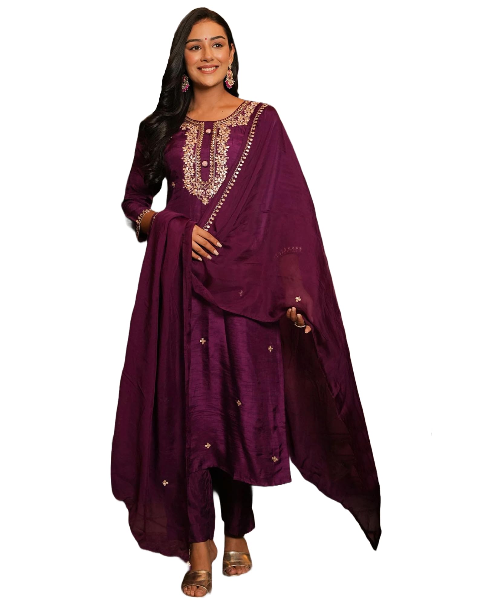 Anni Designer Women'S Rayon Blend Straight Embroidered Kurta With Pant & Dupatta (Arju Wine_S_Wine_Small),Wine,S
