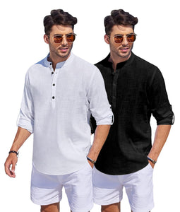 Bellstone Men'S Cotton Blend Solid Regular Dress Shirt (Kurta1500_Combo_White & Black_L