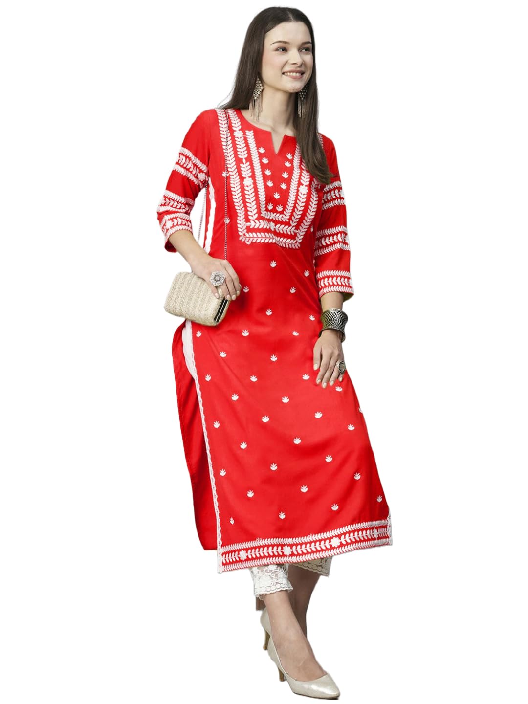Anni Designer Women'S Cotton Blend Chikankari Embroidered Straight Kurta (Stho-Red_S_Red_Small),Red,S