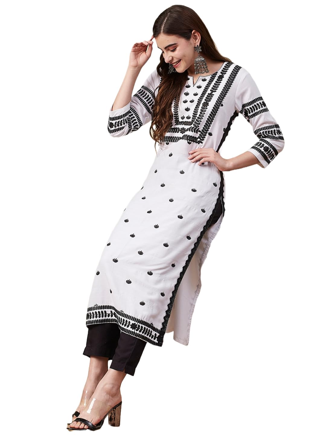 Anni Designer Women'S Cotton Blend Chikankari Embroidered Straight Kurta (Stho-White-Nrk_5Xl_White_Xxxxx-Large),White,5XL