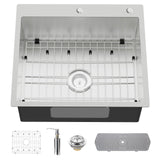 Stainless Steel Drop In Kitchen And Bar Sink - 25x22 Inch Single Bowl Topmount Bar Sink Come With SS Grid,Silicon Mat,Drain Stra