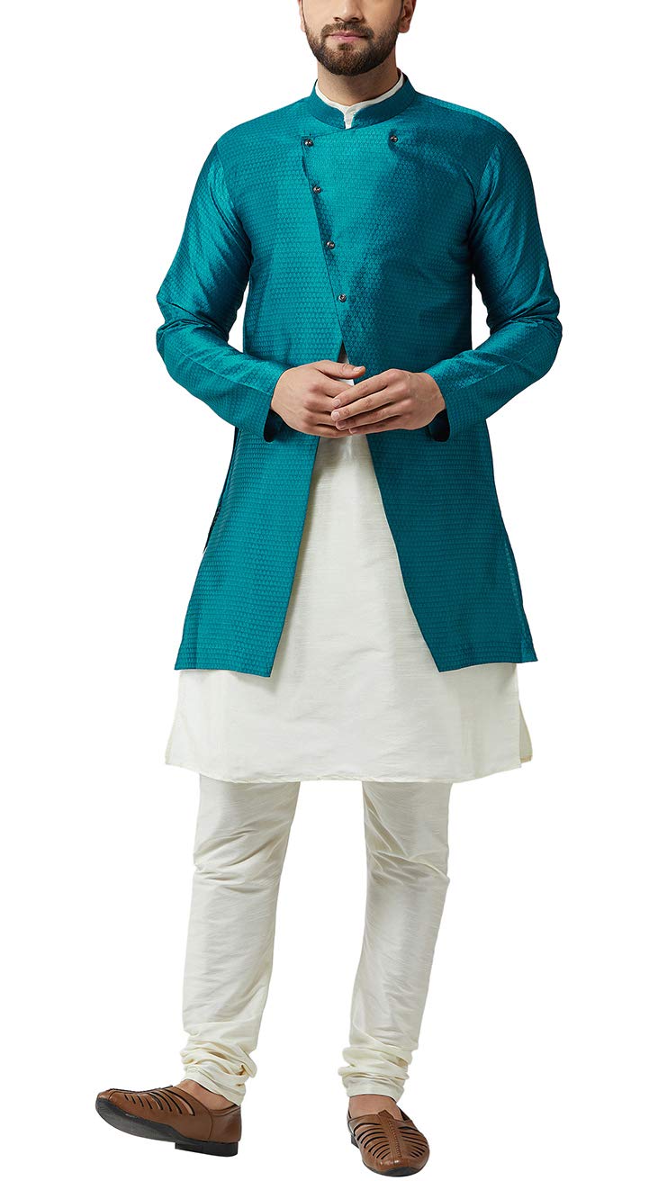 Sojanya (Since 1958, Men'S Silk Blend Cream Kurta Churidaar Pyjama & Peacock Blue Jacket Combo, Size: 38