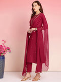 Anni Designer Women'S Rayon Blend Embroidered Straight Kurta With Pant & Dupatta (Ramdhani Maroon_L_Maroon_Large),Maroon,L,Rayon Blend,Regular,