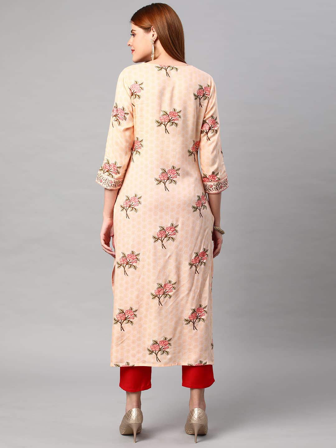 Anni Designer Women'S Cotton Blend Traditional Straight Printed Kurta And Pant Set (Amd 22-Cream_Xl_Cream_X-Large),Cream & Red,XL,Cotton Blend,Regular,Pants, Kurta