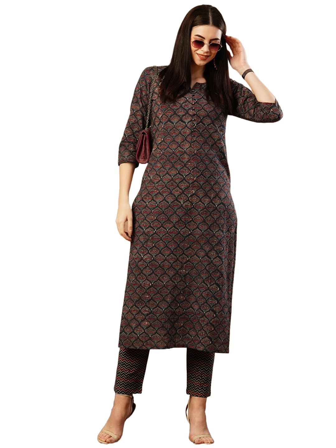 Anni Designer Women'S Cotton Blend Straight Printed Kurta With Pant (Lupar Blue_S_Blue_Small),Blue,S