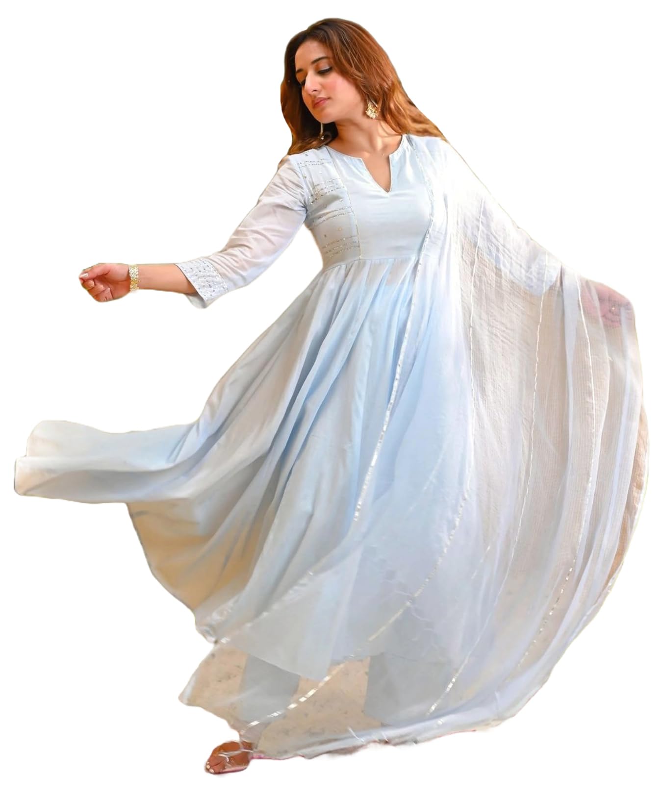 Anni Designer Women'S Rayon Viscose Embellished Anarkali Kurta With Pant & Dupatta (Sikana Sky Blue_L_Sky Blue_Large),Sky Blue,L