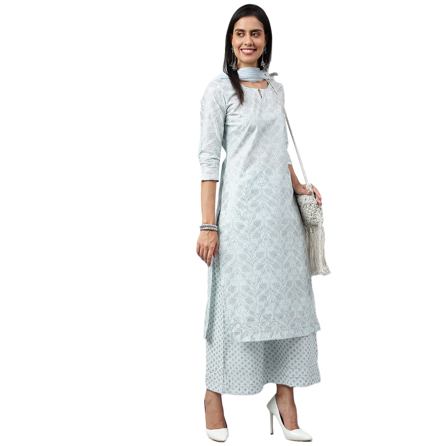 Anni Designer Women'S Cotton Blend Straight Printed Kurta With Palazzo & Dupatta (Suchi Sky Blue_Xl_Sky Blue_X-Large),Sky Blue,XL