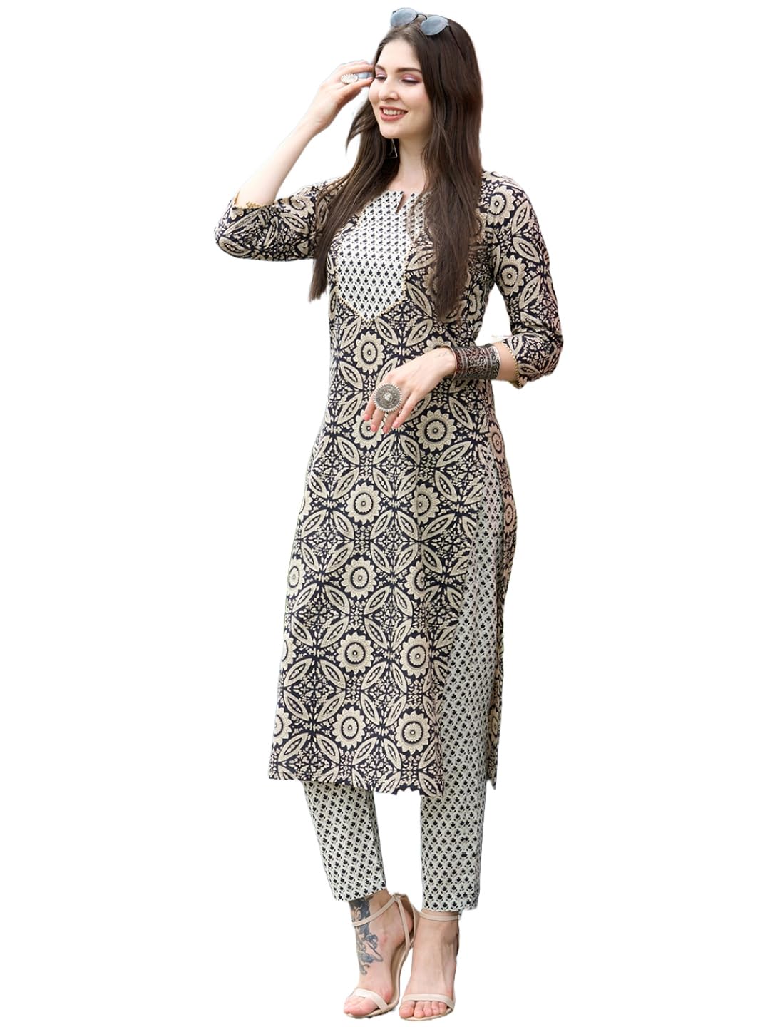 Anni Designer Women'S Cotton Blend Straight Printed Kurta With Pant Set (Vibi Grey_Xl_Grey_X-Large),Grey,XL