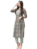 Anni Designer Women'S Cotton Blend Straight Printed Kurta With Pant Set (Vibi Grey_Xl_Grey_X-Large),Grey,XL