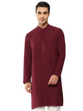 See Designs Mens Long Sleeve Side Slit Embroidered Chikankari Rayon Straight Mandarin Collar Kurta, Maroon, S