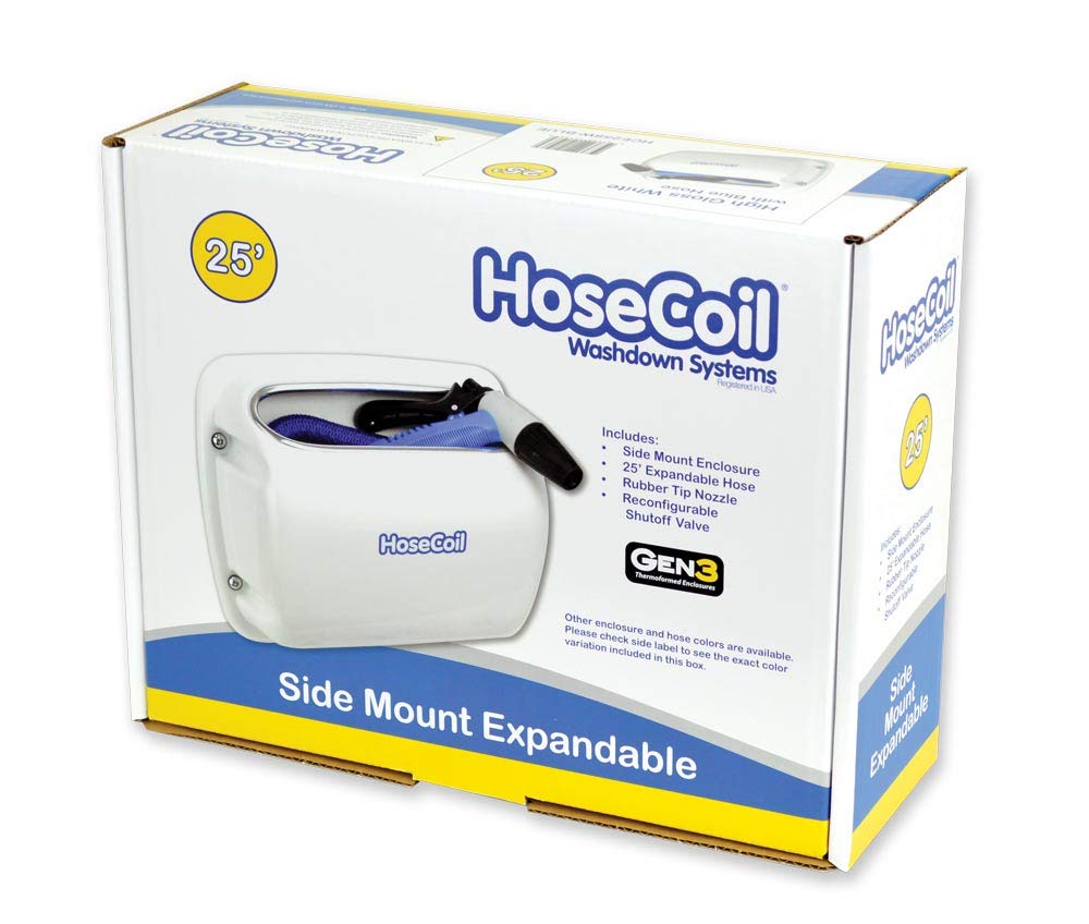 HoseCoil Hose Coil HCE25SW-BLUE Side Mount Expandable Enclosure W/25&39; Blue Hose, Shutoff Valve & Rubber Tip Nozzle