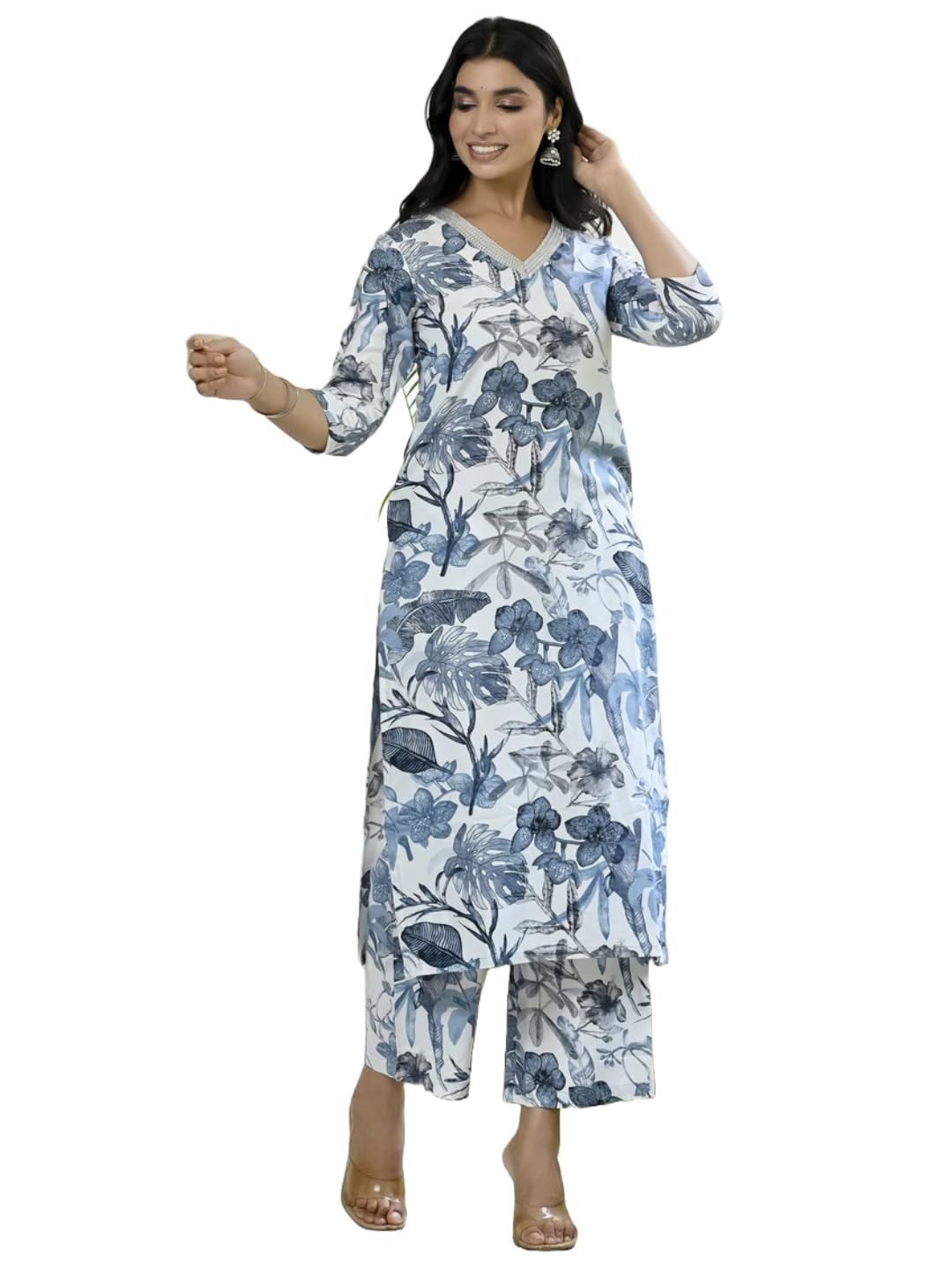 Anni Designer Women'S Cotton Blend Straight Printed Kurta With Palazzo (Chinki White_S_White_Small),White,S