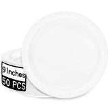 QZYL 50 Round White Party Plates Pack, 9 Inch Disposable Paper Plates for Daily Meals, Picnics, Camping, Birthdays, Weddings, Ch