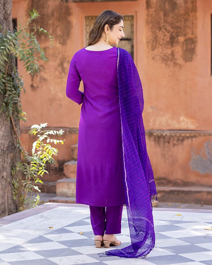 Gosriki Women'S Cotton Blend Straight Solid Kurta With Pant & Dupatta (Marg Purple-Gs_S_Purple_Small),Purple,,B0CD7SJZ6R