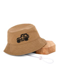 Dukiekooky Kids Bucket Hat, Khaki Cotton Sun Cap With Car Embroidery, Adjustable Drawstring, Ages 3 To 7 Years